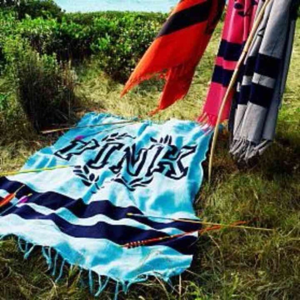 Victoria's Secret PINK Boyfriend‎ Blanket Aqua Navy Blue Logo Fringe 50x60 NEW